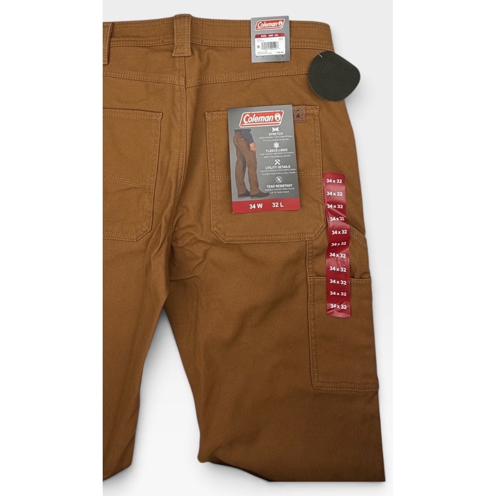 Coleman Men's Fleece Lined Utility Work Pants 34x32 Brown Stretch Canvas NWT